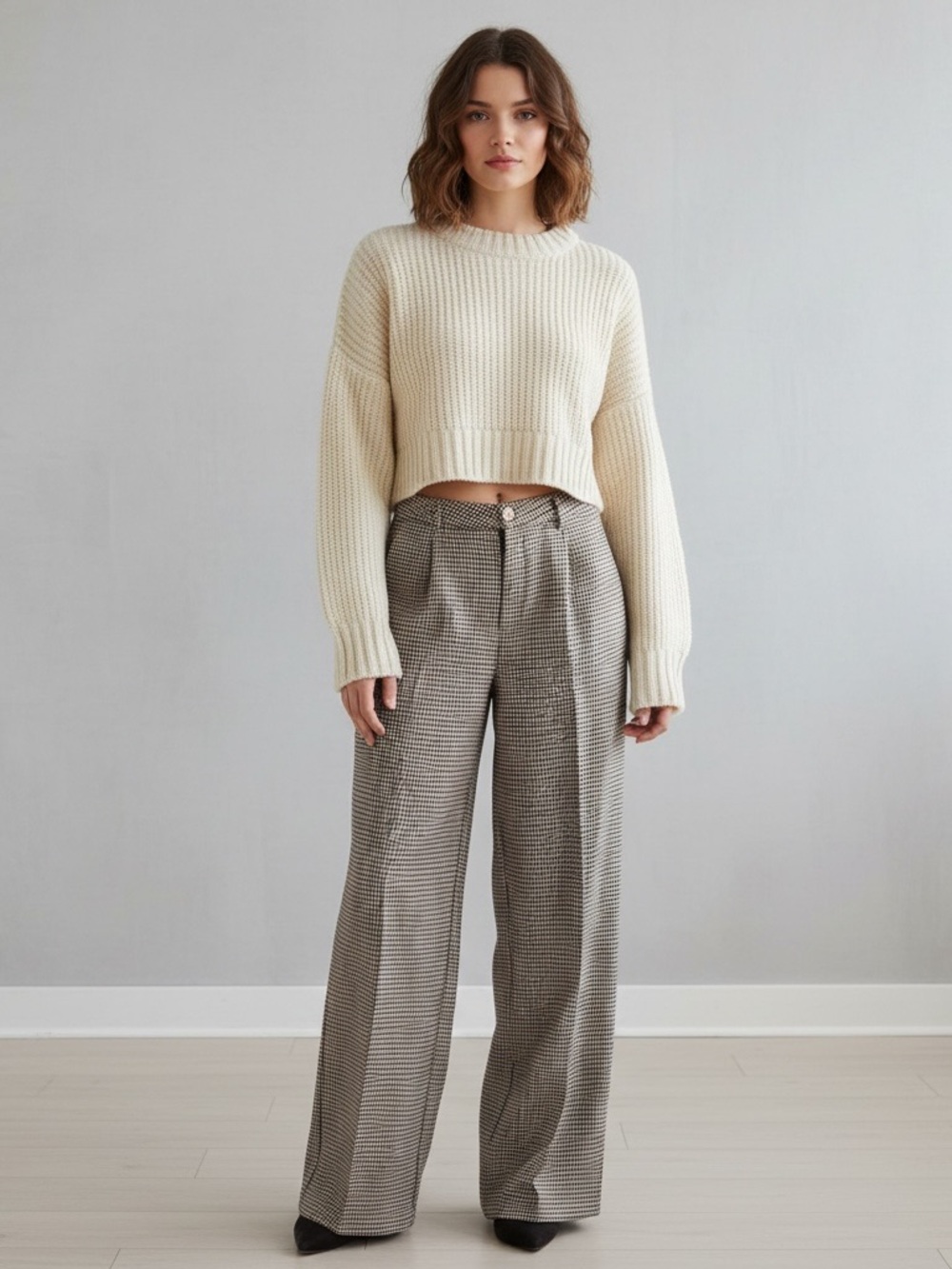Cider Women’s Houndstooth Wide Leg Trousers Pleated High Rise Brown Check Pants